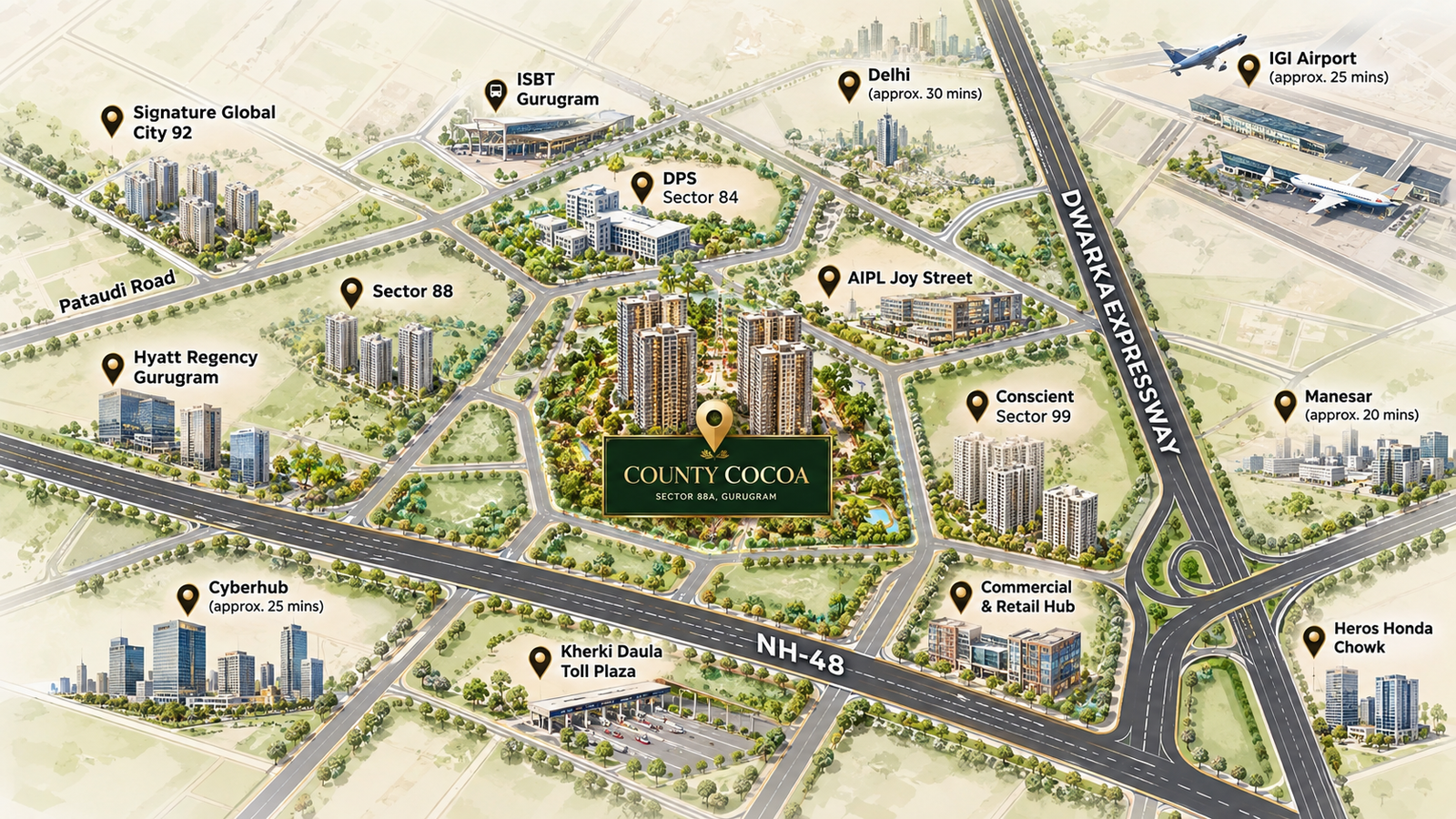 County Cocoa Sector 88A Gurugram Connectivity and Location Map