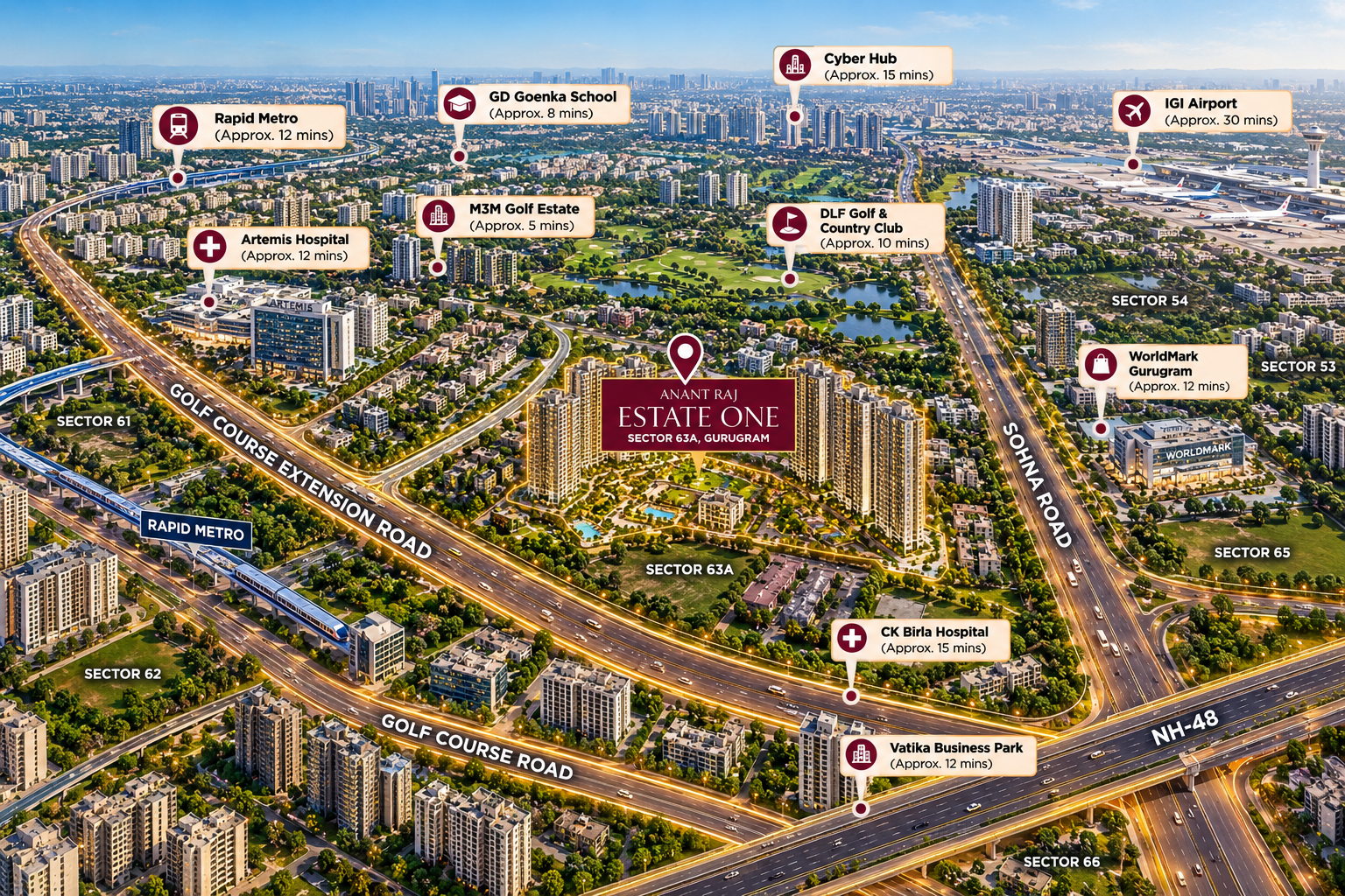Anant Raj Estate One Sector 63A Gurugram Connectivity and Location Map | Realty Shopee